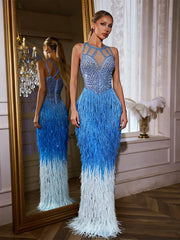 Robe longue bleue à franges et strass 