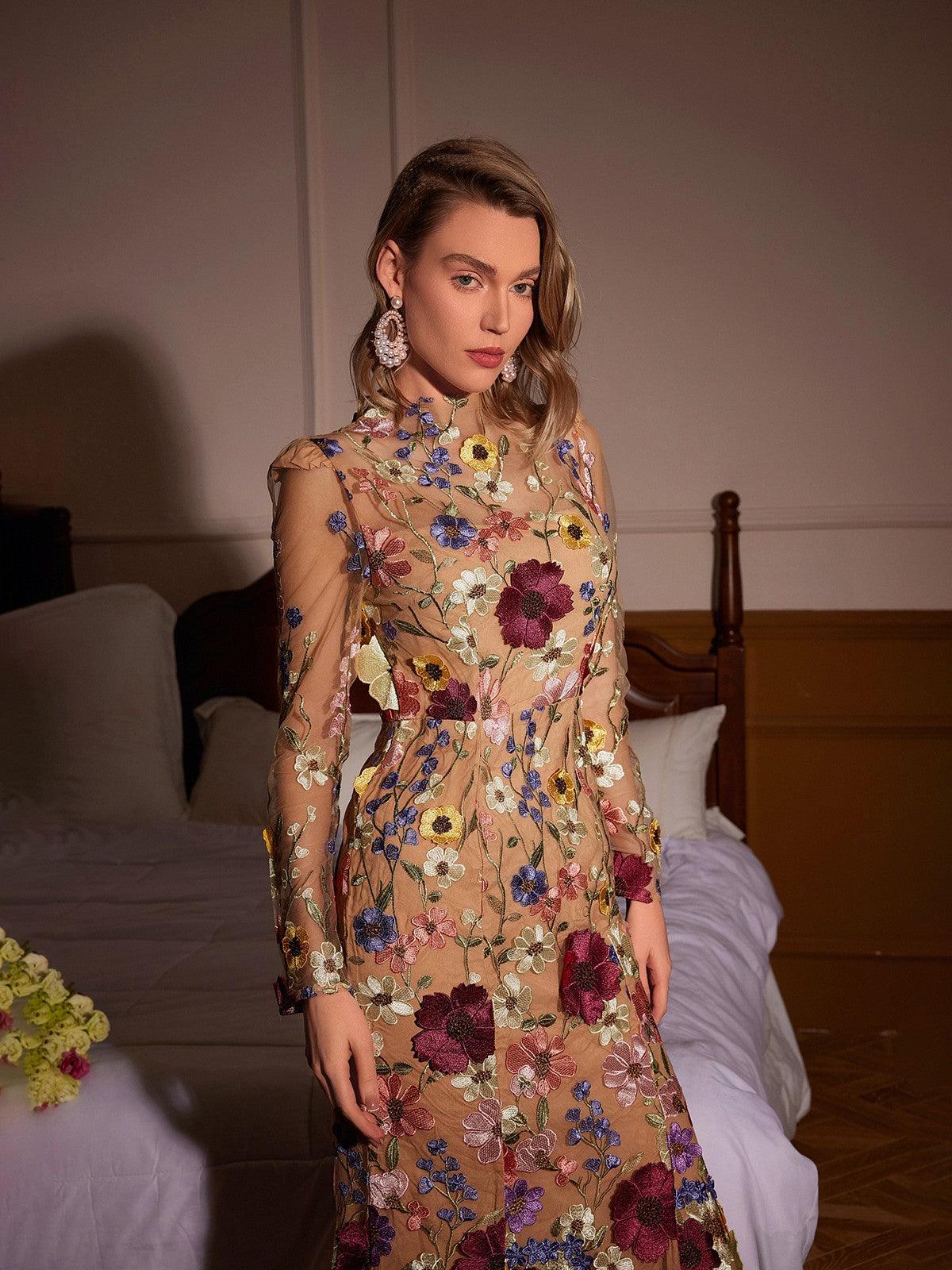 Long Sleeve Mesh Flower Mermaid Dress In Blush