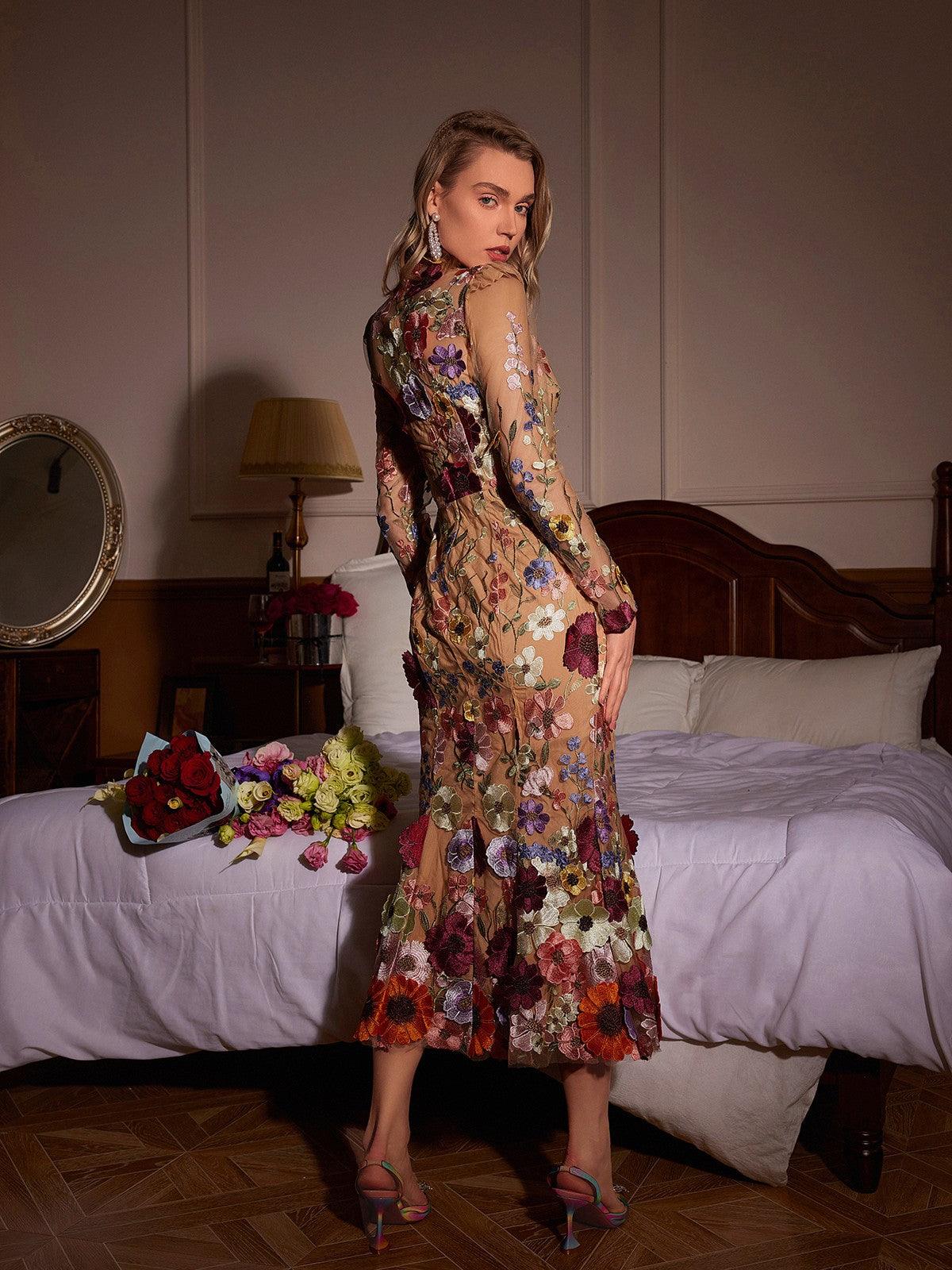 Long Sleeve Mesh Flower Mermaid Dress In Blush