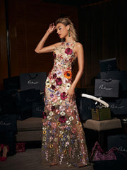 Robe longue sans manches en maille à fleurs rose poudré 