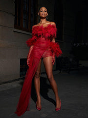 Spaghetti Tulle Maxi Dress With Gloves