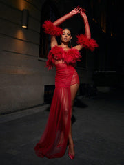 Spaghetti Tulle Maxi Dress With Gloves