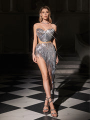 Ensemble jupe bustier à franges et cristaux