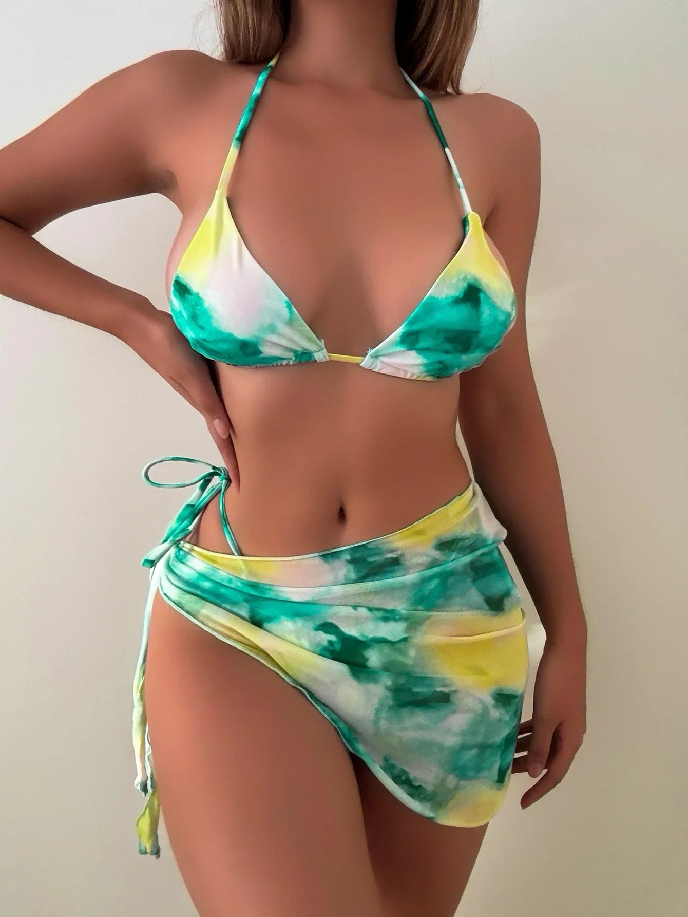 3-Piece Bikini Set Printed Triangle Top & Cheeky Bottom with Matching Sarong Trendy Two-Piece Swimsuitwear