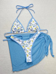 Back Tie Bikini Set 3Pcs Floral Print Matching Dress & Halter Top Blue Sundress Bathing Suit