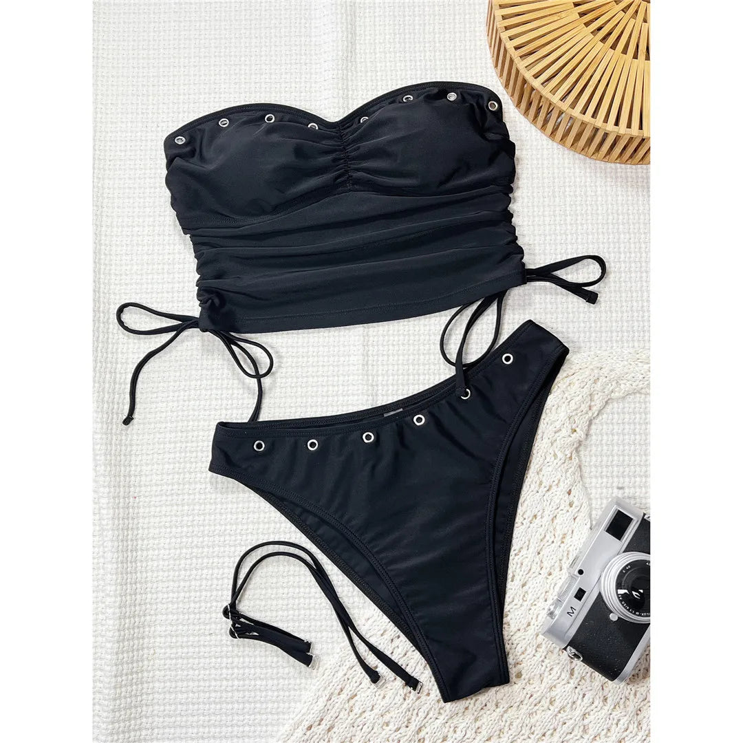 Bandeau Tankini Wrinkled Bikini Two-pieces Bikini Set