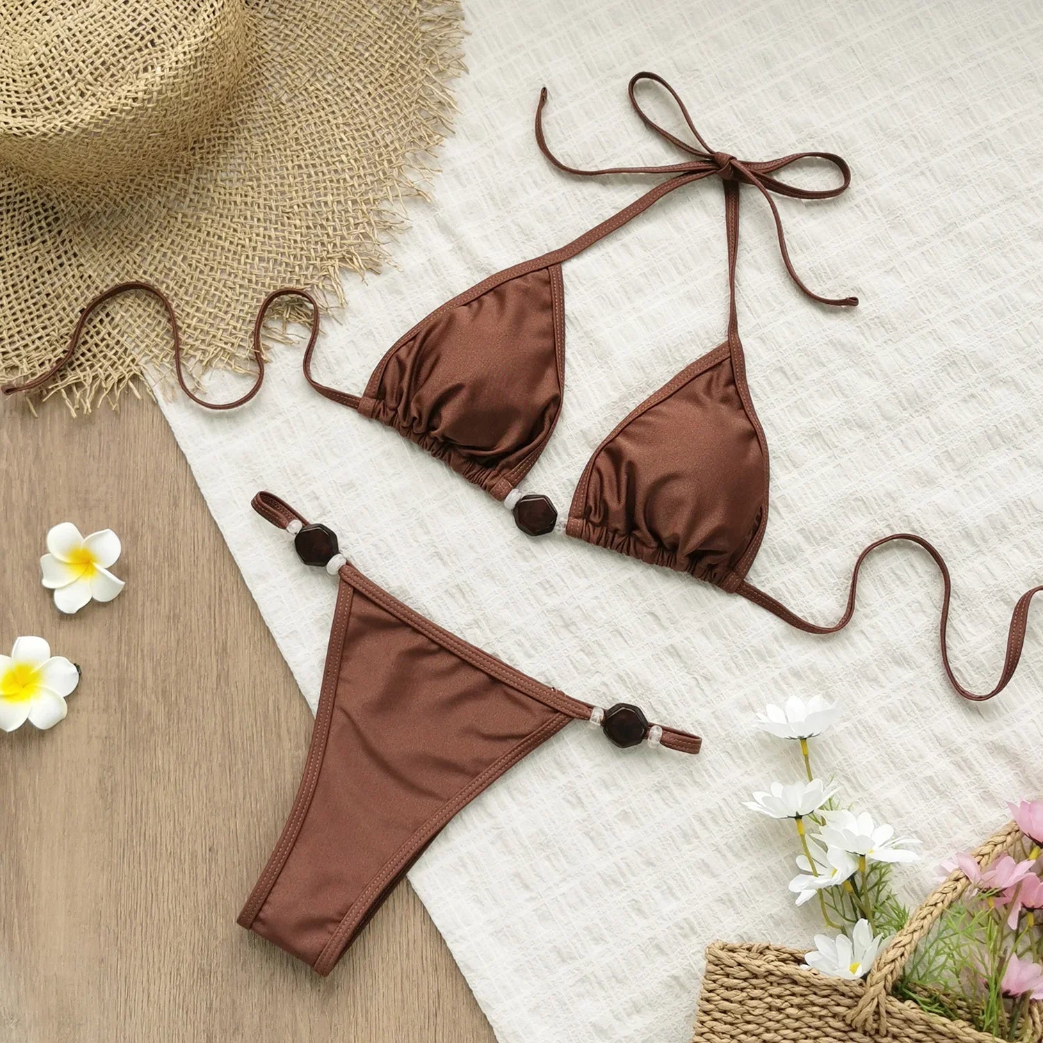 Bead Bikini Halter Swimsuit Shirring Swimwear High Leg Two Piece Bathing Suitwear Halter Biquini