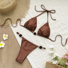 Bead Bikini Halter Swimsuit Shirring Swimwear High Leg Two Piece Bathing Suitwear Halter Biquini