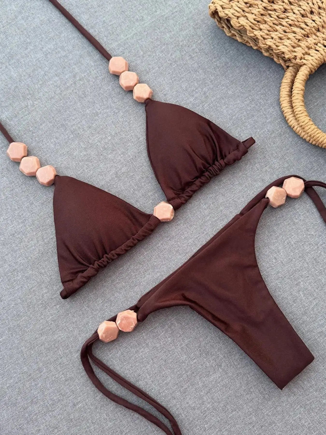 Bead Bikini Halter Swimsuit Shirring Swimwear High Leg Two Piece Bathing Suitwear Halter Biquini