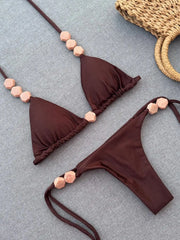 Bead Bikini Halter Swimsuit Shirring Swimwear High Leg Two Piece Bathing Suitwear Halter Biquini
