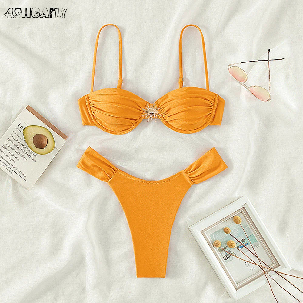 Bikini Swimsuit Underwire Swimwear Soild High Leg Two Piece Bathing Suitwear Bandeau Biquini