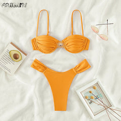 Bikini Swimsuit Underwire Swimwear Soild High Leg Two Piece Bathing Suitwear Bandeau Biquini