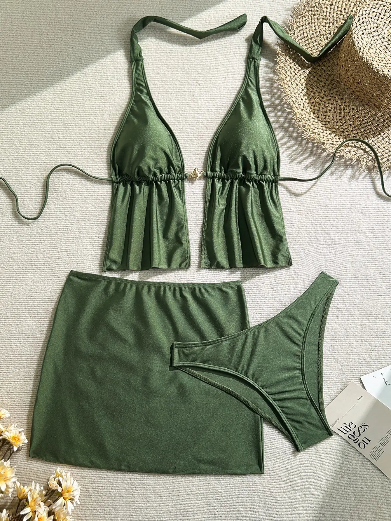 Bustier Bikini Set with Front Cut Out Halter & Ruched Backless Bodycon Swimsuit Green Open Back Suit
