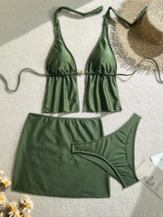 Bustier Bikini Set with Front Cut Out Halter & Ruched Backless Bodycon Swimsuit Green Open Back Suit
