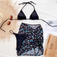 Butterfly Print Bikini Three-pieces Bikini Set +Skirt Halter