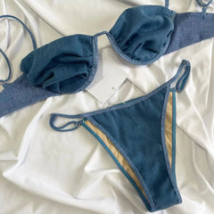 Denim Look Bikini Swimsuit Shirring Swimwear High Leg Two Piece Bathing Suitwear Biquini