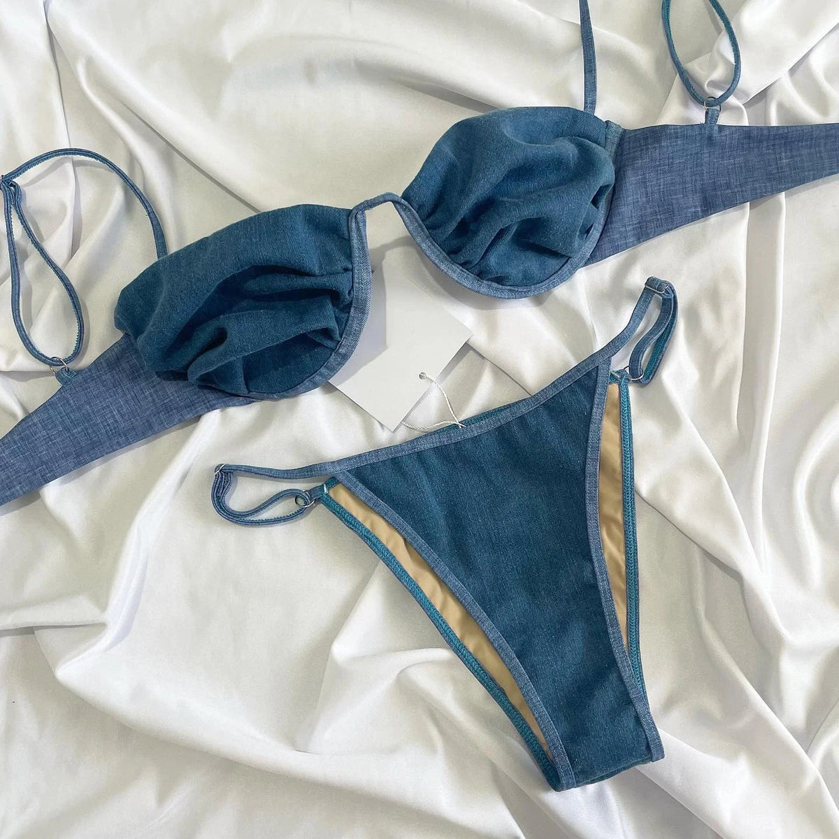 Denim Look Bikini Swimsuit Shirring Swimwear High Leg Two Piece Bathing Suitwear Biquini