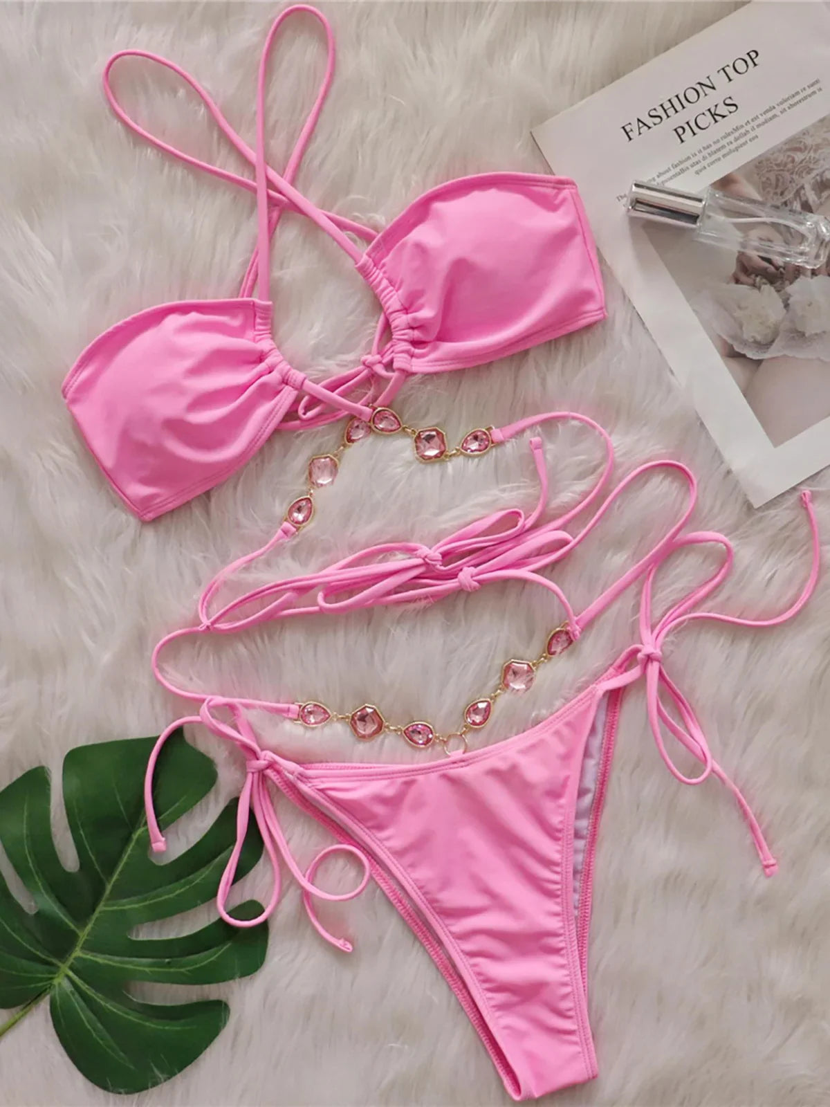 Diamond Rhinestones Wrap Around Bikini Two-pieces Bikini Set