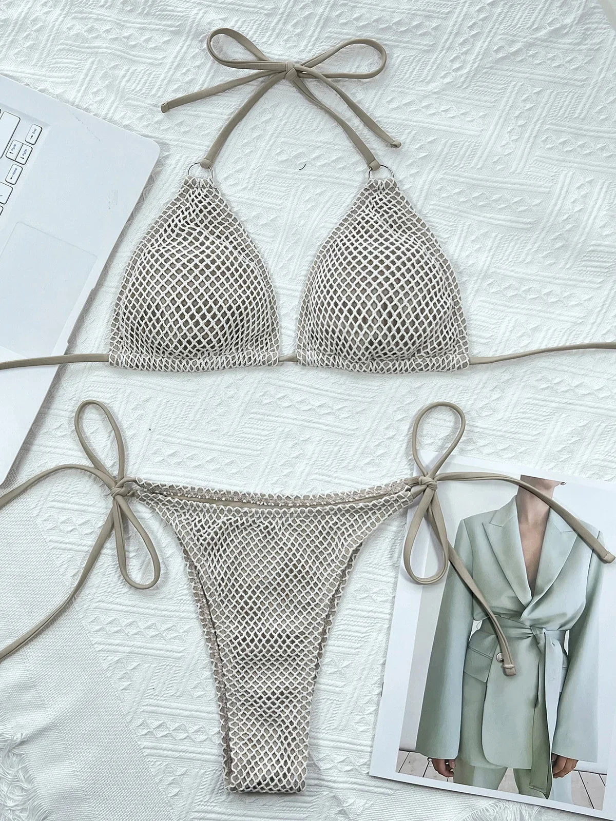 Halter Mesh Fish Net Bikini Two-pieces Bikini Set