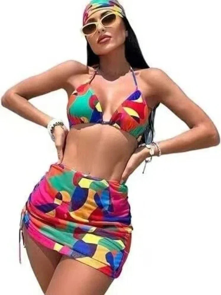 Matching 4-Piece Bikini Set with Headscarf & Cover Up Vibrant Tropical Printed Swimsuit Boho Swimsuit