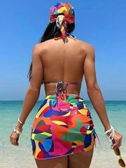 Matching 4-Piece Bikini Set with Headscarf & Cover Up Vibrant Tropical Printed Swimsuit Boho Swimsuit