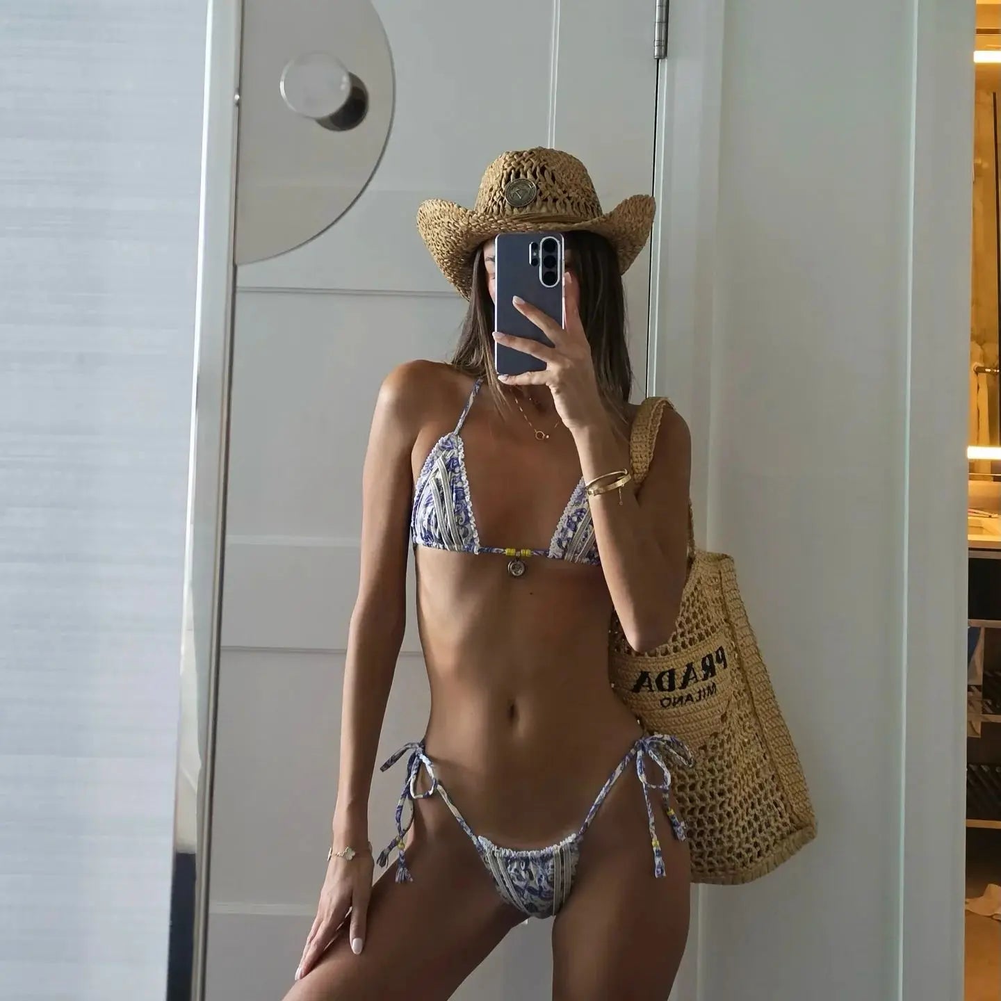 Print Bikini with Scarf Swimsuit Shirring Swimwear High Leg Two Piece Bathing Suitwear Halter Biquini