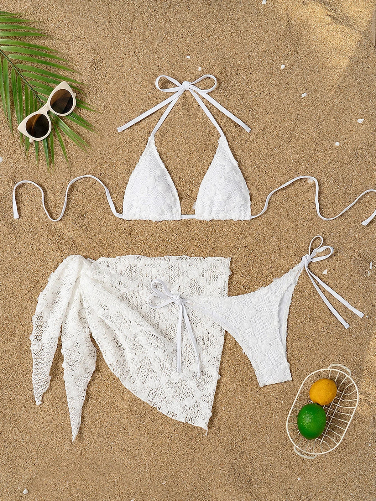 Sheer Cover-Up Bikini Crisscross Halter Neck & Adjustable Ties Club Set White Bandage Set