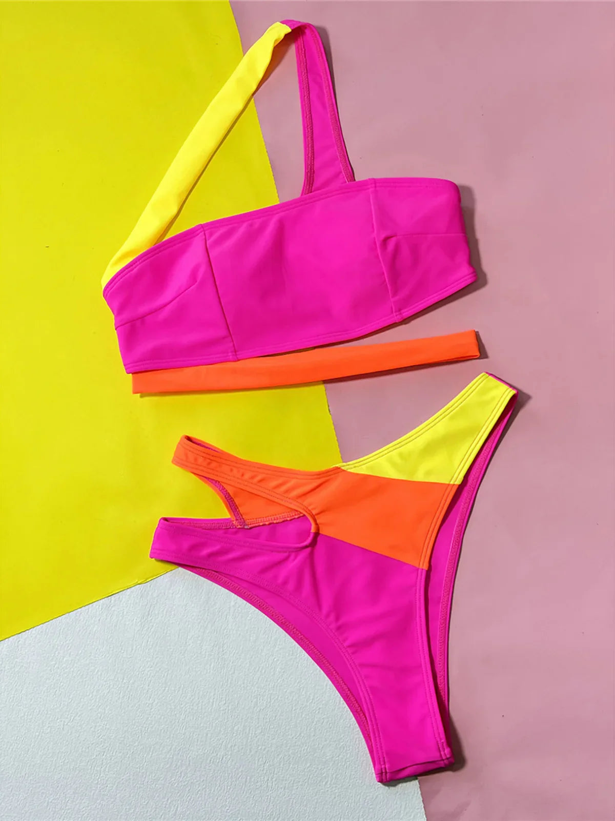 Splicing Asymmetric One Shoulder Bikini Two-pieces Bikini Set