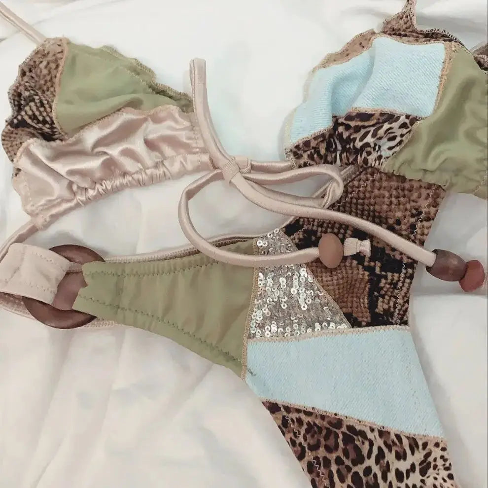 Stripe Bikini with Scarf Swimsuit Shirring Swimwear High Leg Two Piece Bathing Suitwear Halter Biquini