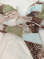 Stripe Bikini with Scarf Swimsuit Shirring Swimwear High Leg Two Piece Bathing Suitwear Halter Biquini