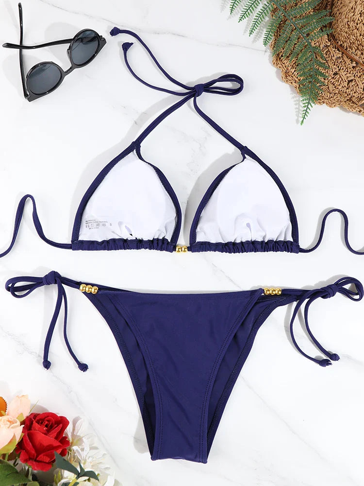 Swimsuit Bathing Suit Triangle Bikini Sets Micro Thongswear Solid Color Lady's Swimwear Thong Bikinwear