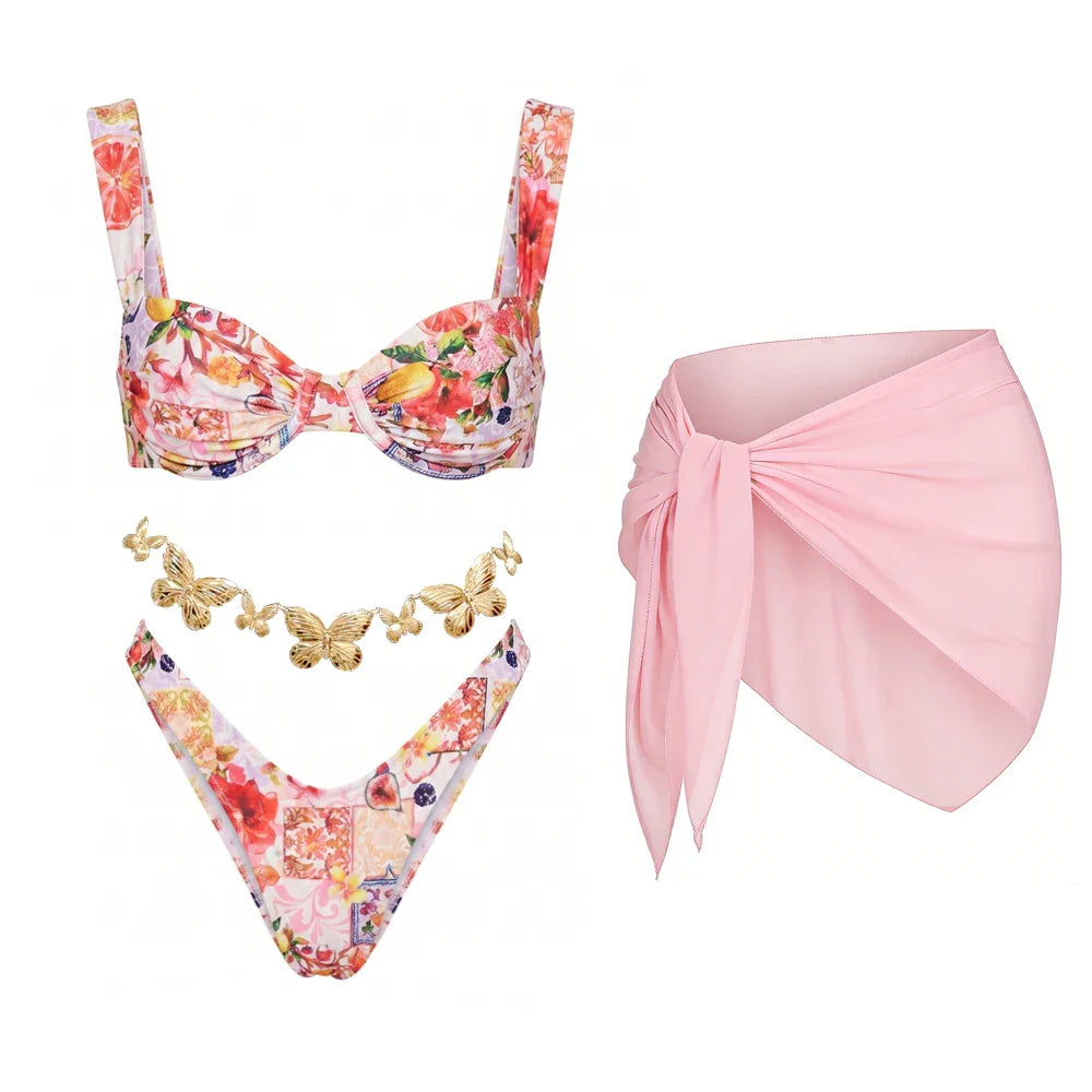Underwire Bikini with Scarf Swimwear High Leg Two Piece Bathing Suitwear Halter Biquin