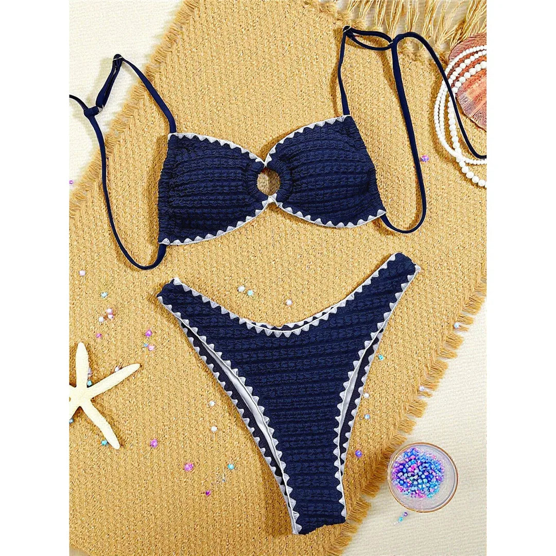 Wrinkled Crinkled Cut Out Bikini Two-pieces Bikini Set