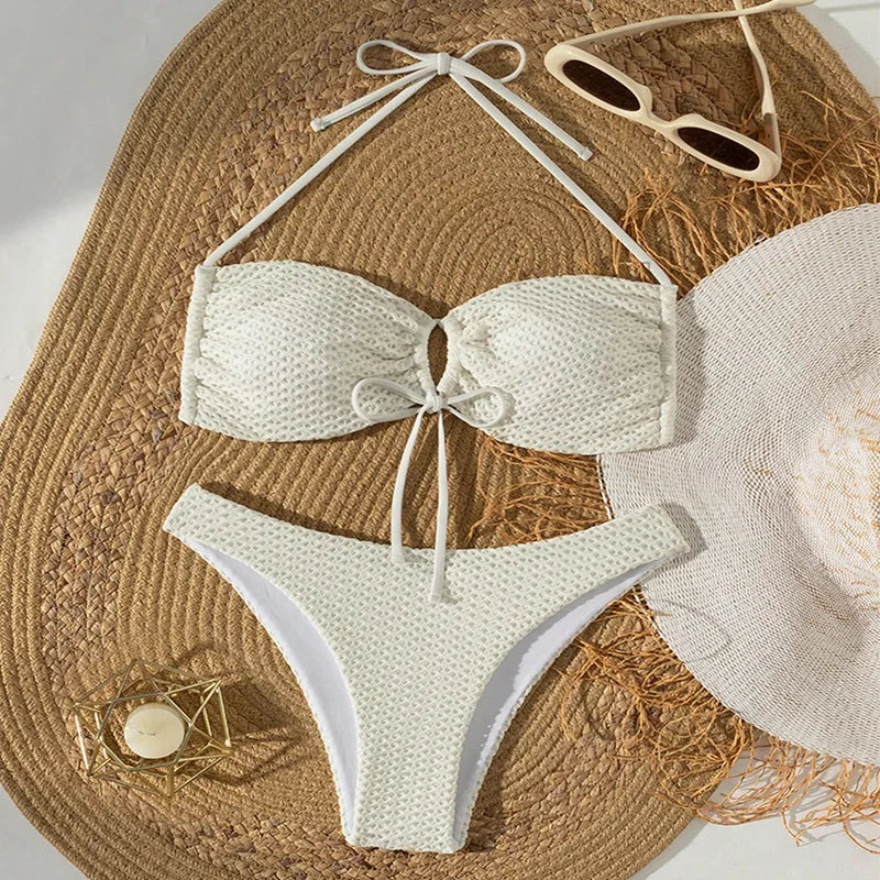 beige hollow out bow tie bikinis Sets two pieces halter backless thong Swimsuit bathing suit biquini