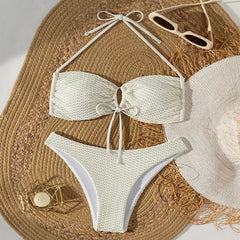 beige hollow out bow tie bikinis Sets two pieces halter backless thong Swimsuit bathing suit biquini