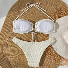 beige hollow out bow tie bikinis Sets two pieces halter backless thong Swimsuit bathing suit biquini