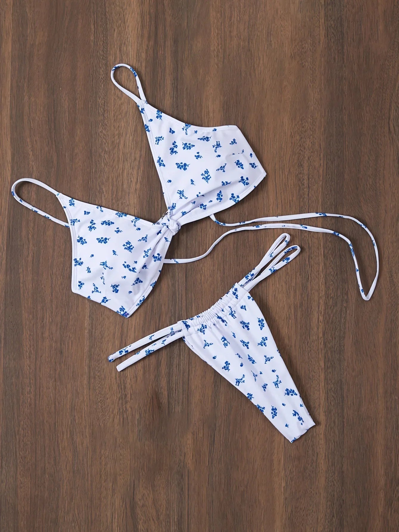 blue floral print front knot bikinis Sets two pieces thong Swimsuit bathing suit biquini tankini