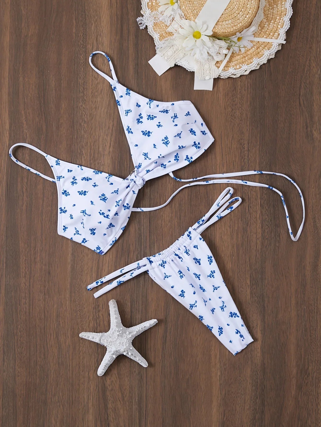 blue floral print front knot bikinis Sets two pieces thong Swimsuit bathing suit biquini tankini