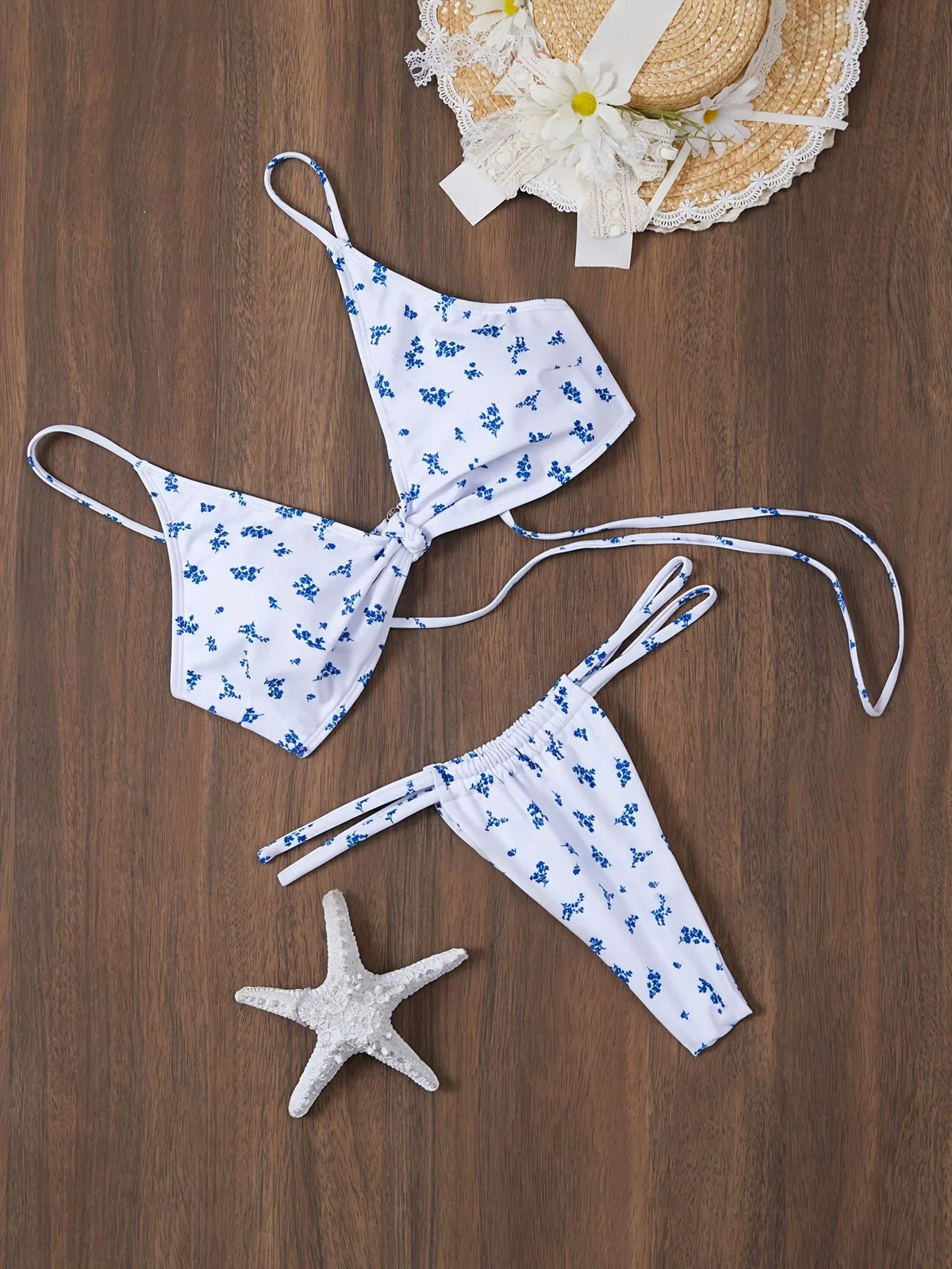 blue floral print front knot bikinis Sets two pieces thong Swimsuit bathing suit biquini tankini