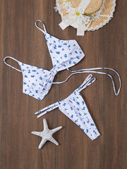 blue floral print front knot bikinis Sets two pieces thong Swimsuit bathing suit biquini tankini