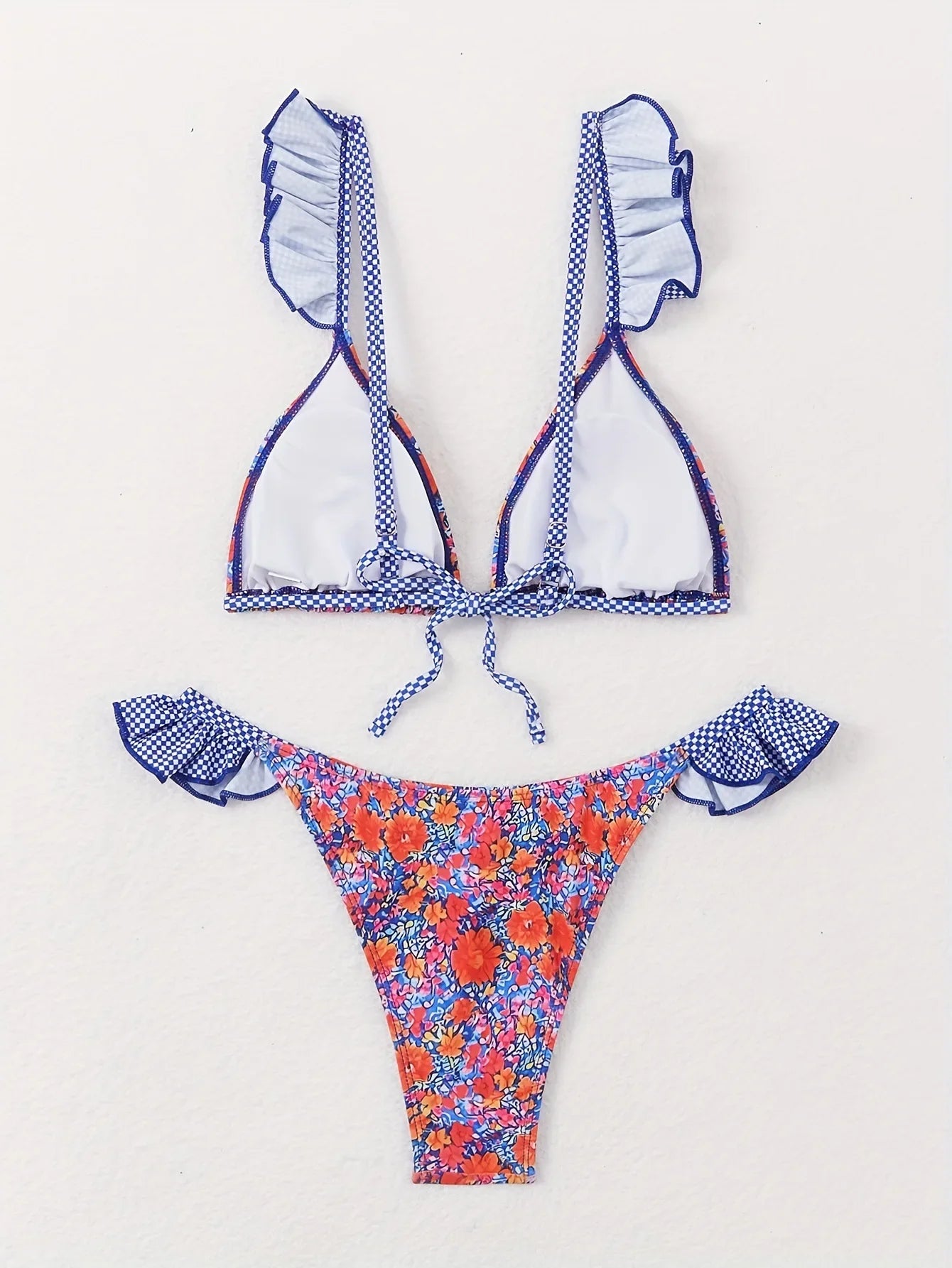 cute ruffles floral print plaid bikinis Sets two pieces thong Swimsuit bathing suit biquini tankini