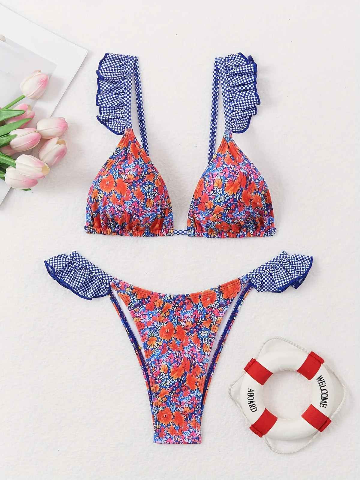 cute ruffles floral print plaid bikinis Sets two pieces thong Swimsuit bathing suit biquini tankini