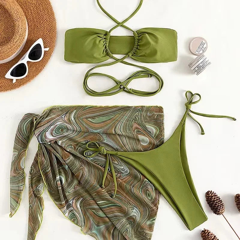 green bikini Sets three pieces swimsuit with mesh bikinis Swimsuit bathing suitwear biquini