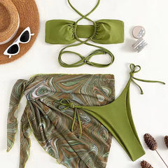 green bikini Sets three pieces swimsuit with mesh bikinis Swimsuit bathing suitwear biquini