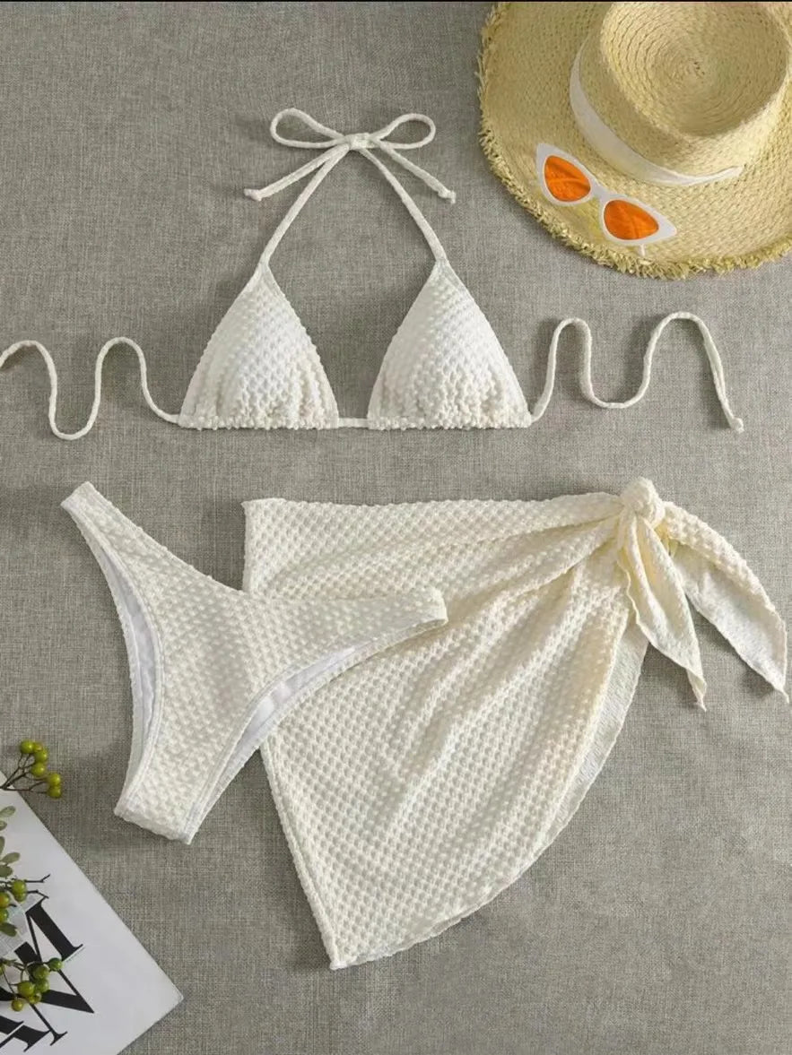 halter solid white bikini Sets three pieces with cover Swimsuit bathing suit biquini