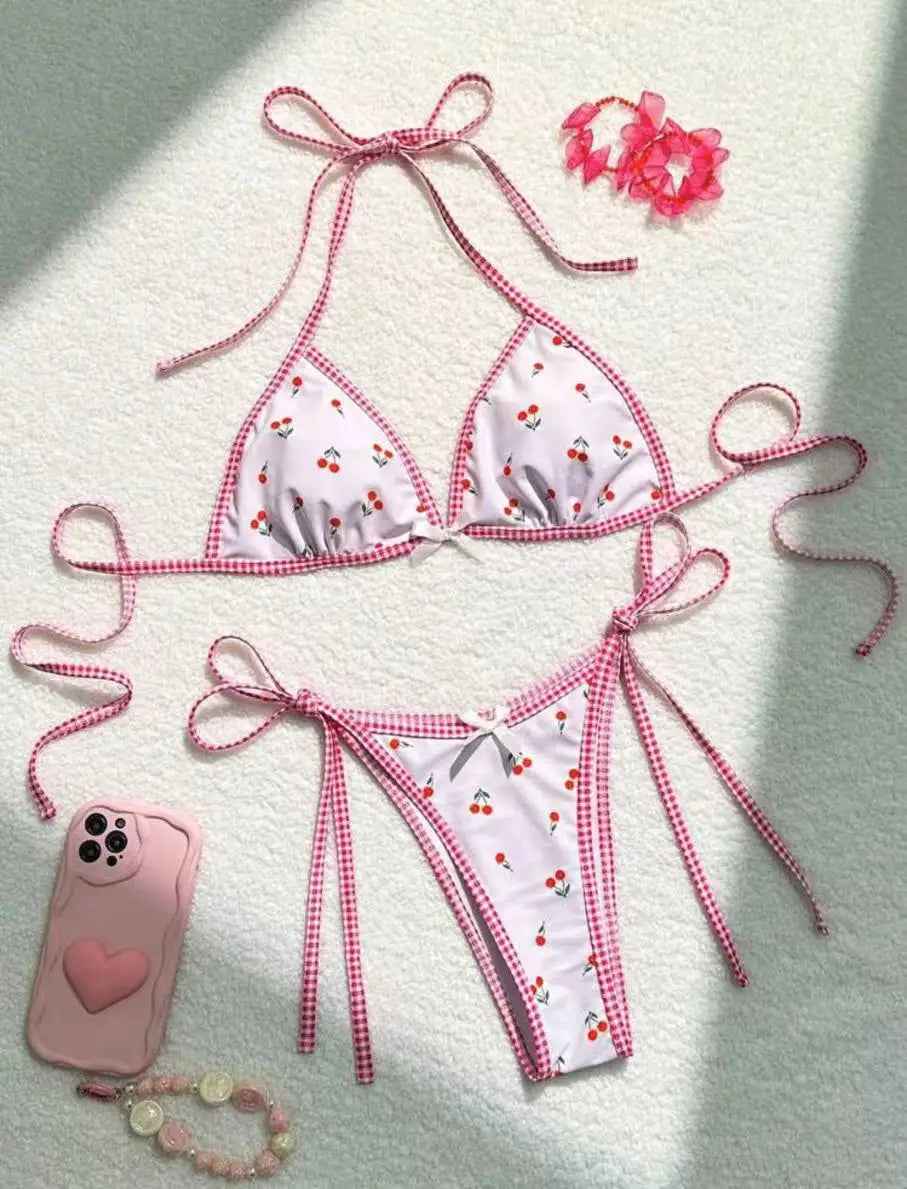 cute cherry print halter string micro bikini Sets two pieces Swimsuit bathing suit biquini