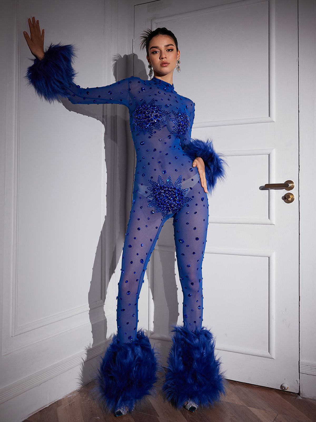 Feather Trimmed Rhinestone Mesh Jumpsuit