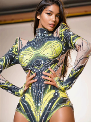 Long Sleeve Rhinestone Printed Bodysuit