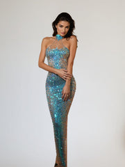 Robe longue bleue à dos nu et strass ombrés