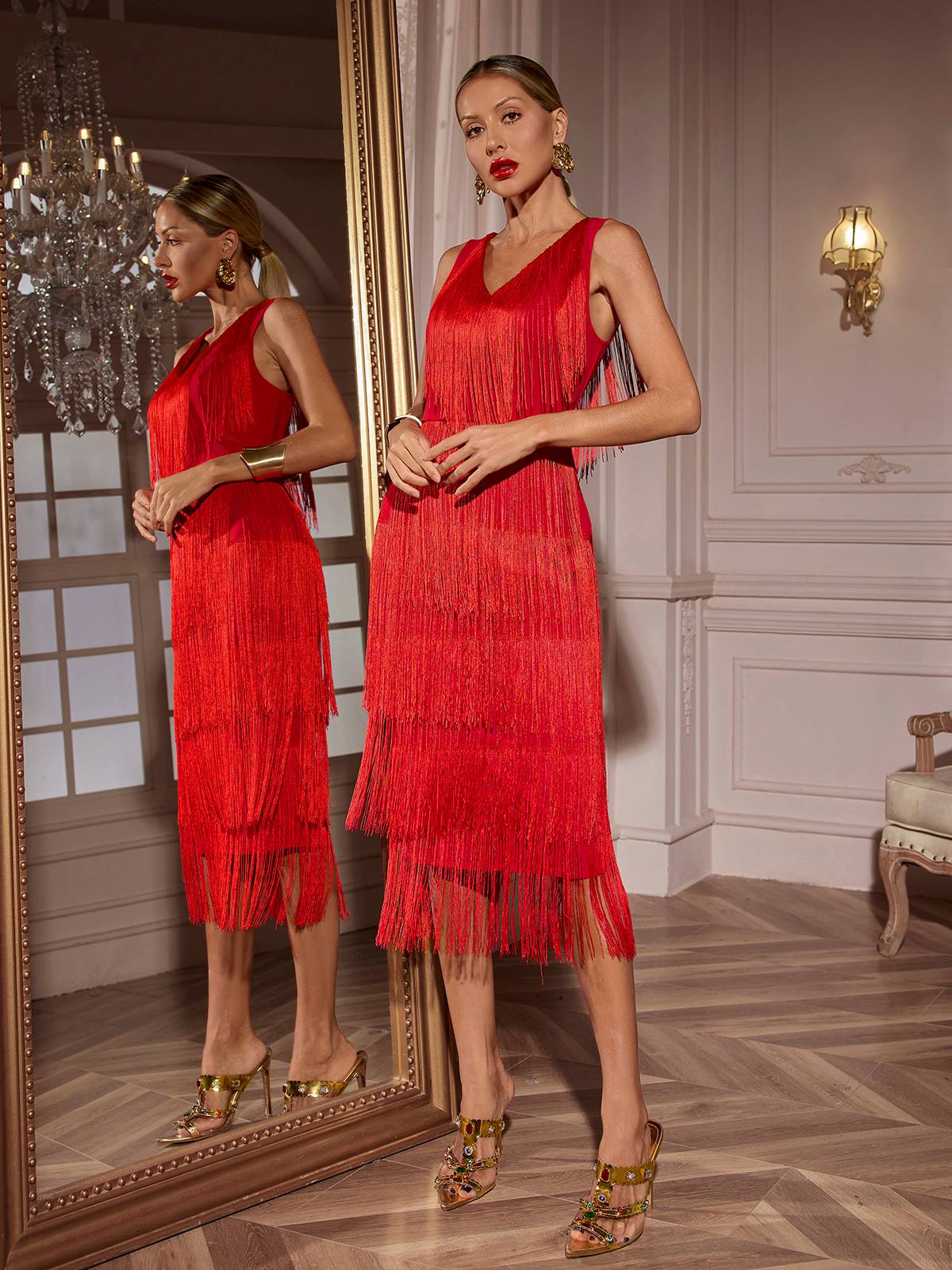 Robe midi à franges et col en V 